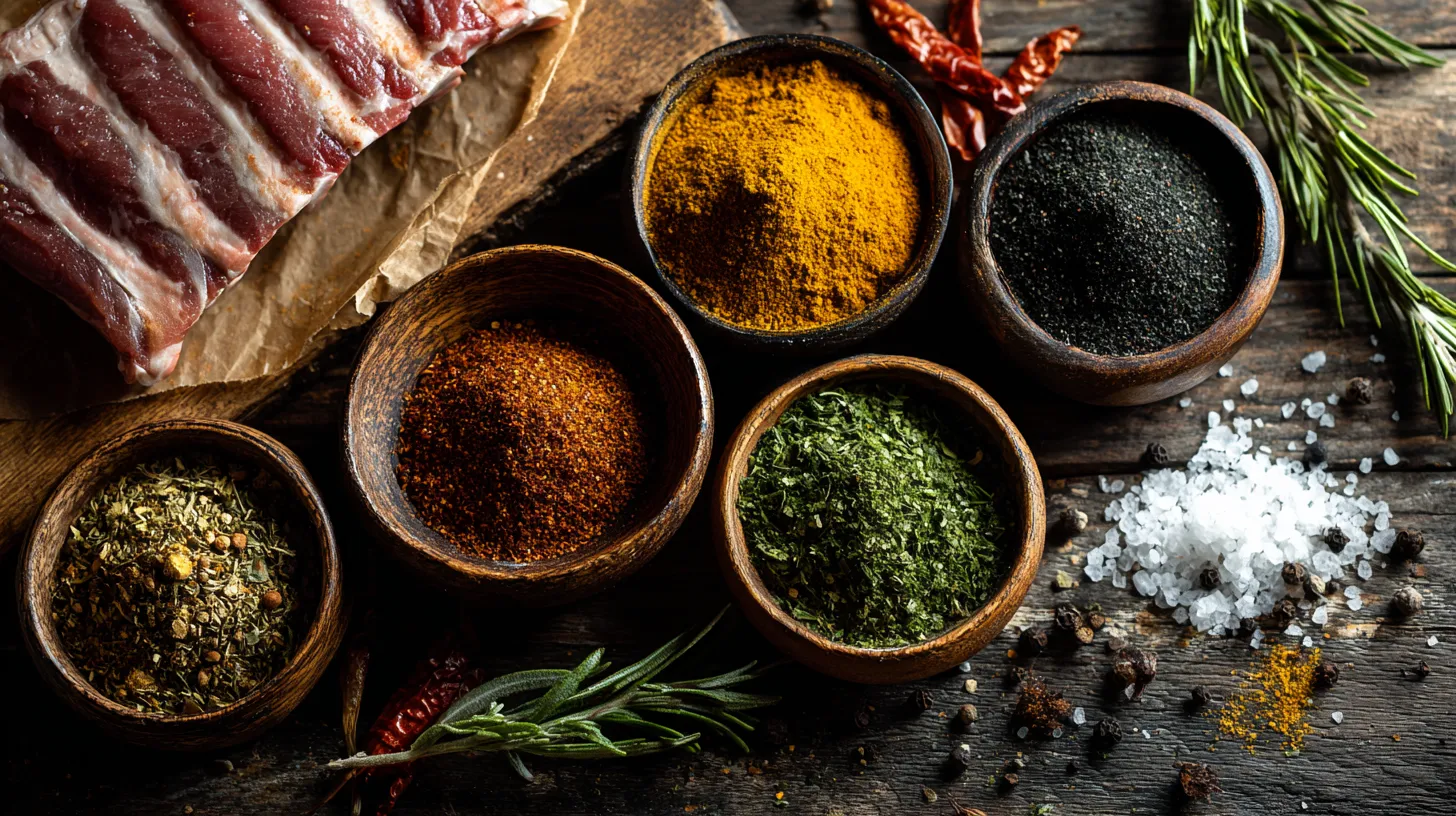 Assorted dry rub spice blends in rustic bowls